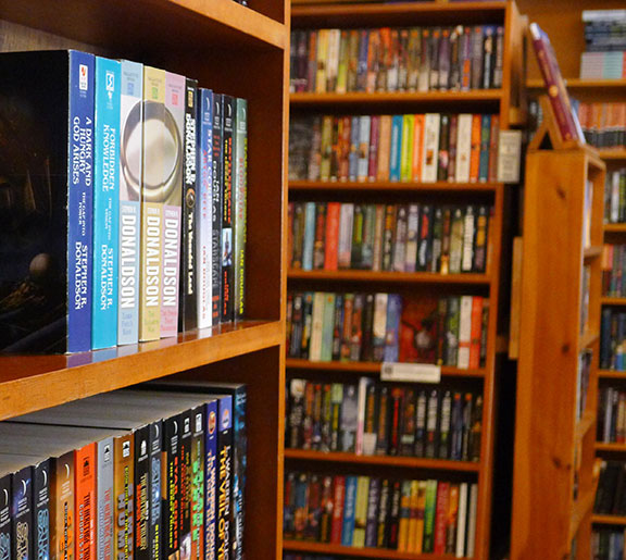 Close-up of bookshelves in the store